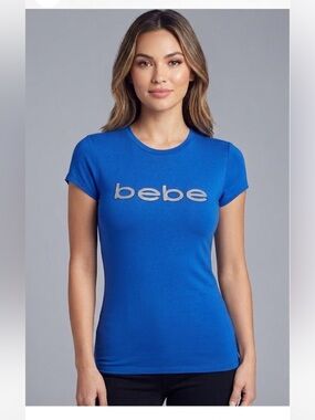 Bebe Royal Blue Rhinestone Logo Crew Neck Tee Sz M